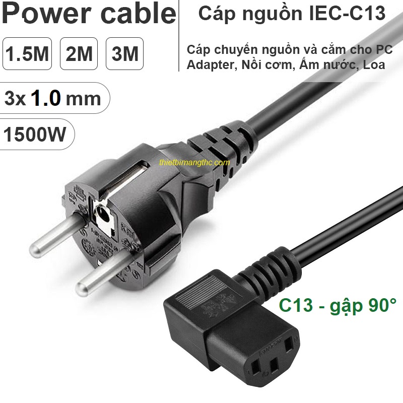 Dây nguồn C13 gập 90 độ - 2 chân tròn NEWLINK lõi 3x1,0mm2 dài 2M